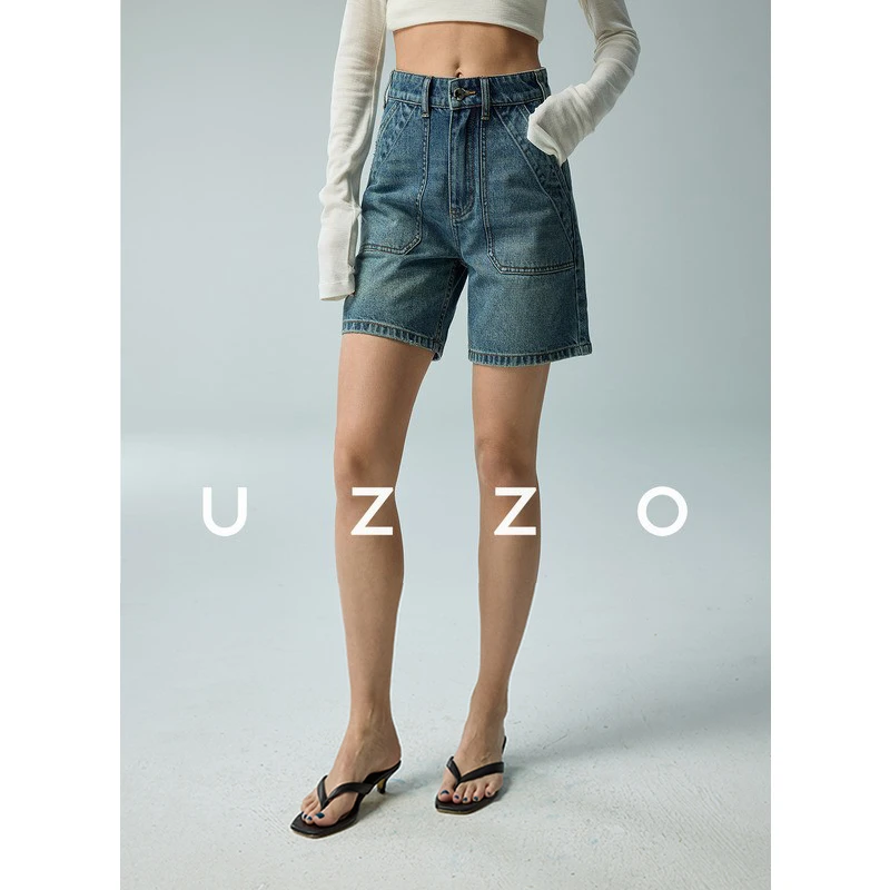 UZZO土耳其进口棉 夏季复古高腰 显瘦小A字百搭牛仔短裤女