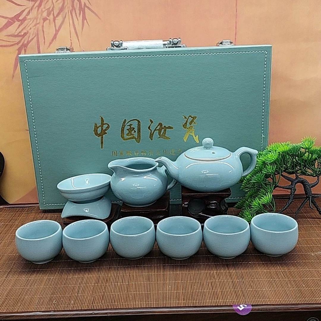原产地汝瓷茶器，十件套，壶230毫升，天青玛瑙釉开片