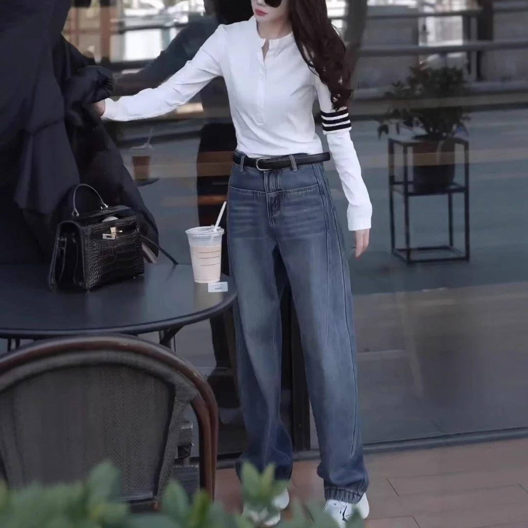 新款圆领长袖修身T恤高腰直筒牛仔裤女