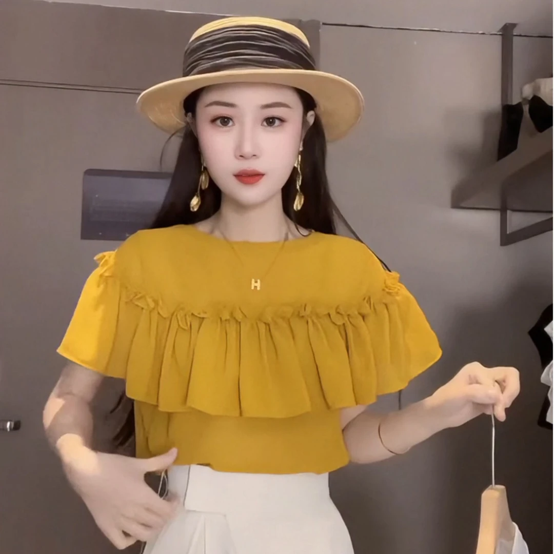 春季小衫常规款雪纺衫泡泡袖夏季宽松型荷叶边女装显瘦上衣衬衫