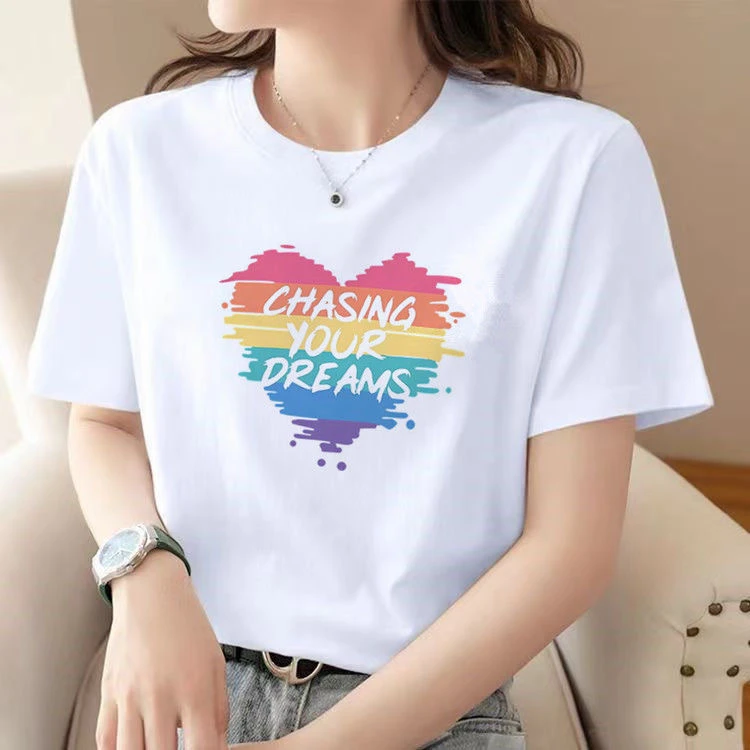 女士t恤短袖夏季新款纯棉韩版正肩半袖时尚宽松百搭【七彩爱心】