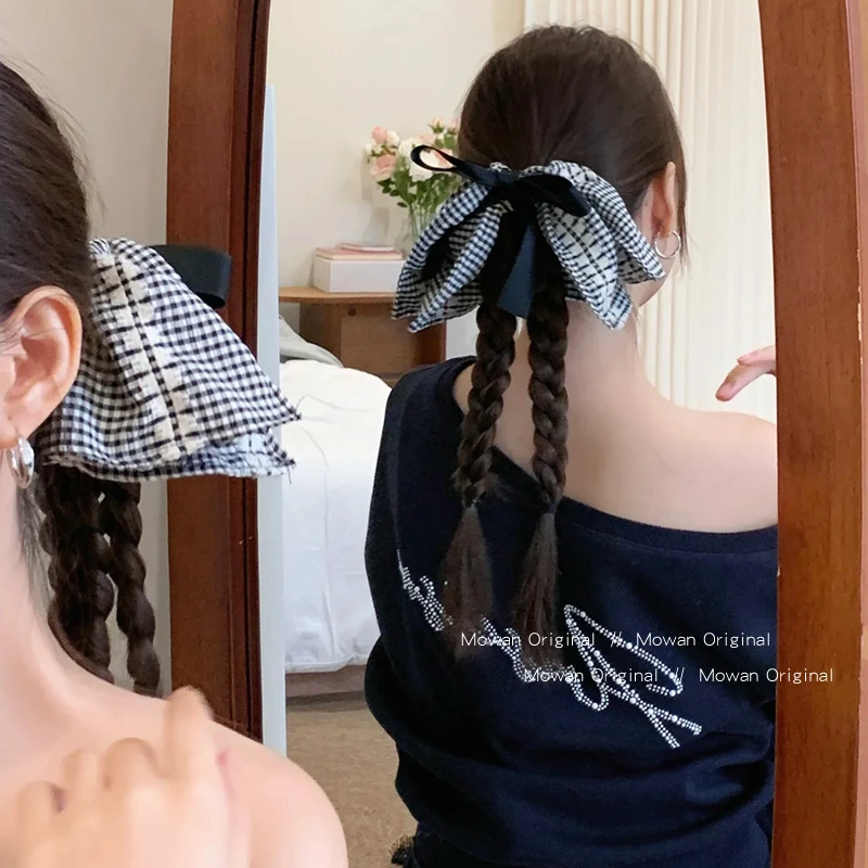 黑白格子蝴蝶结方巾发圈女高级感扎马尾头绳发饰品丸子头发绳头饰