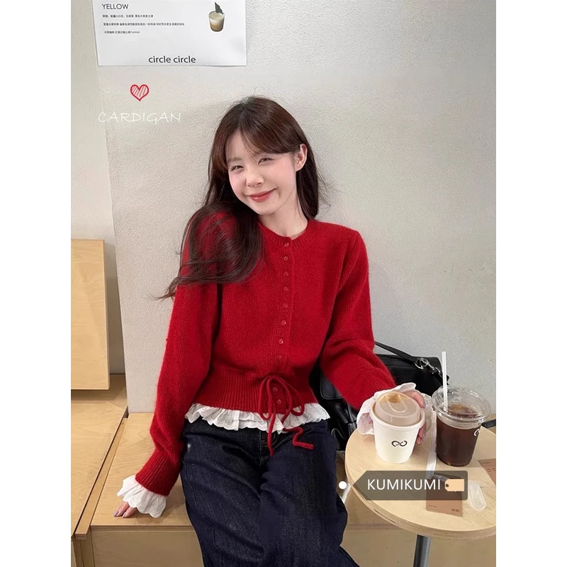 芭蕾少女甜美新年红色针织衫毛衣冬季甜美设计感荷叶针织衫