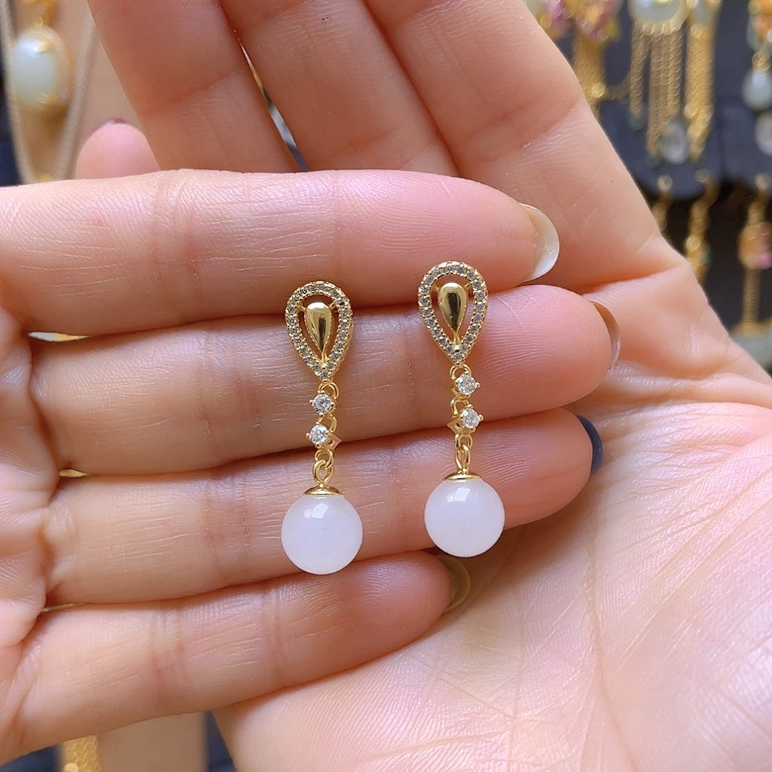 和田玉银S925镀金镶嵌耳饰