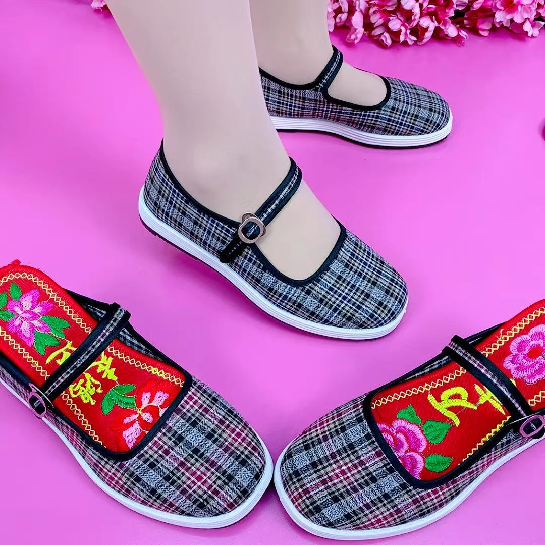 休闲格子防滑女注压平底浅口布鞋