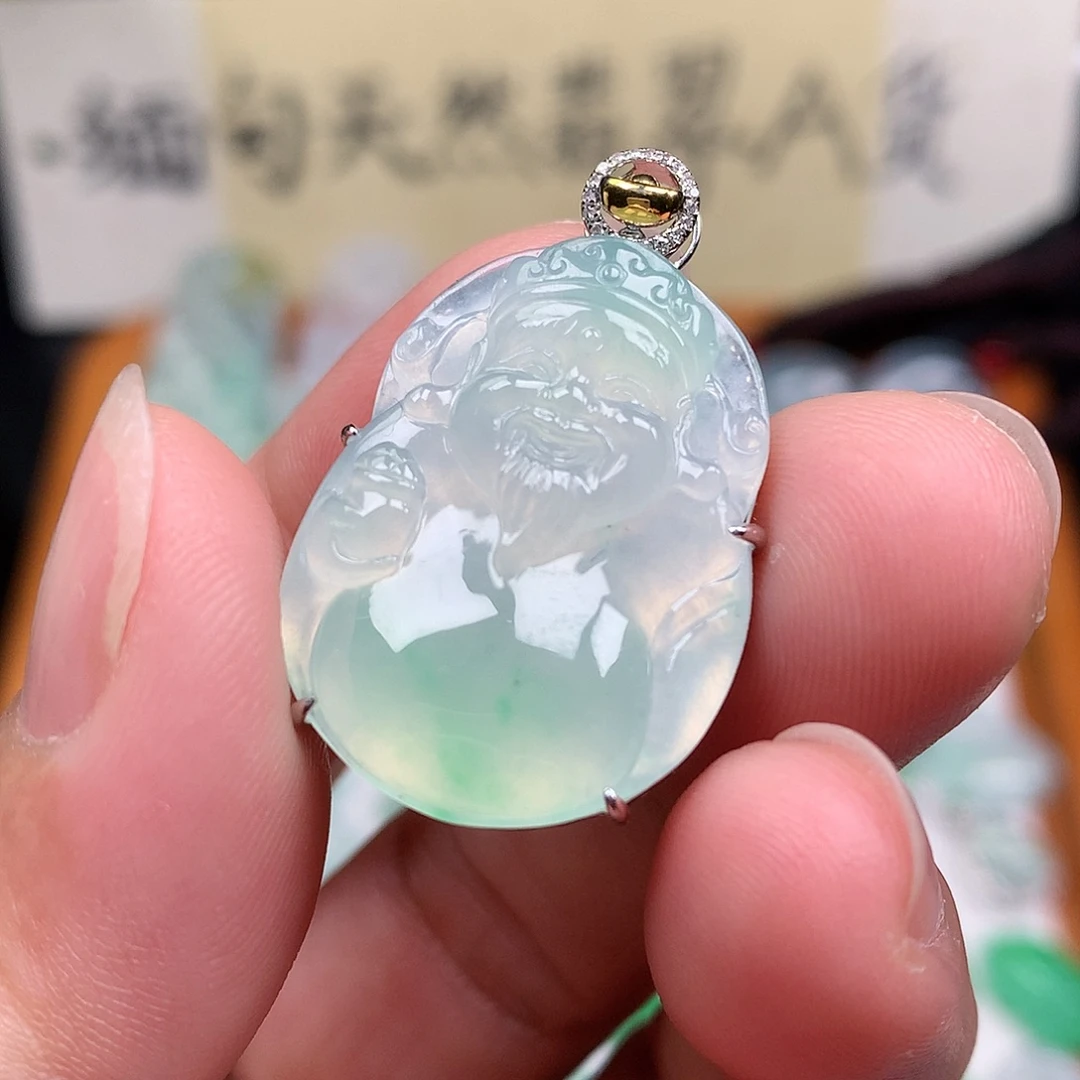 翡翠裸石18K金镶嵌缅甸天然A货翡翠冰种财神爷