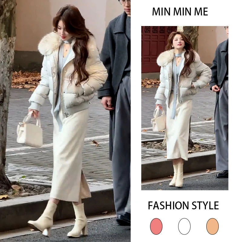 时髦少女感的冬日套装慵懒风时尚棉服外套女搭配休闲半身裙两件套