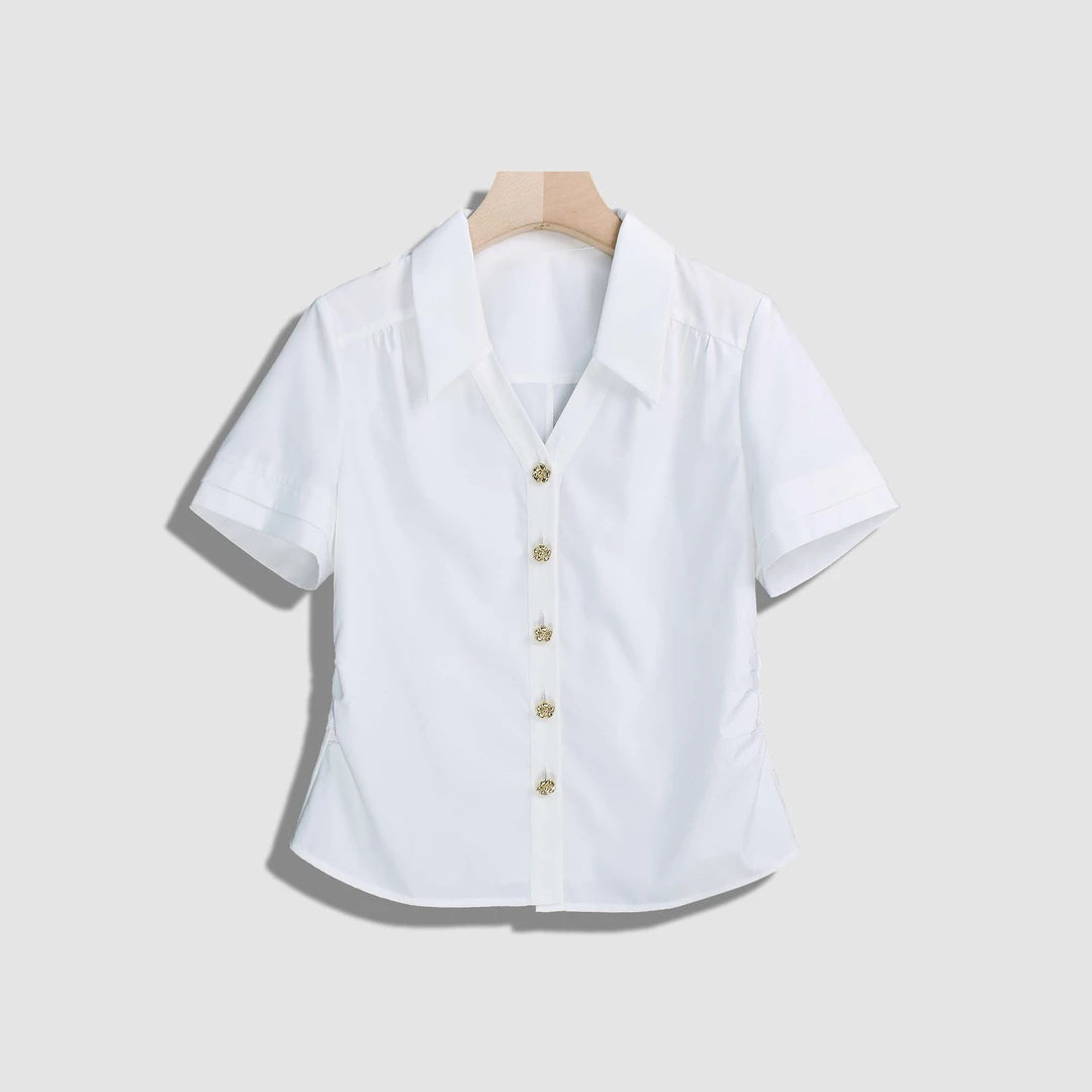 【越越-F】时尚气质V领花朵金属扣百搭衬衫-Y17551