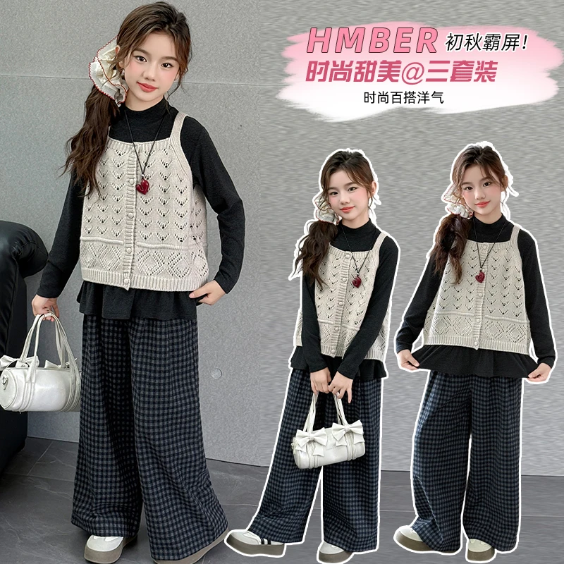 女童毛衣三件套装春秋款女孩中大网红儿童时髦洋气秋季衣服潮8岁9