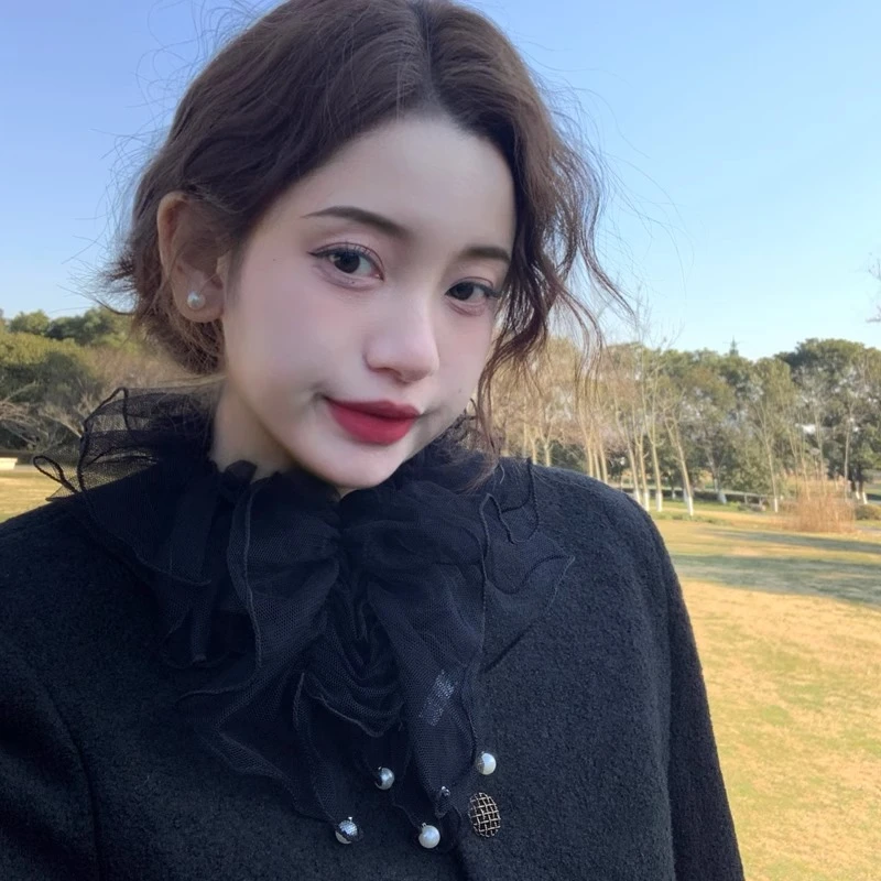 2025新款雪纱荷叶边珍珠皱褶花边护颈丝巾女高级感蕾丝边装饰围脖