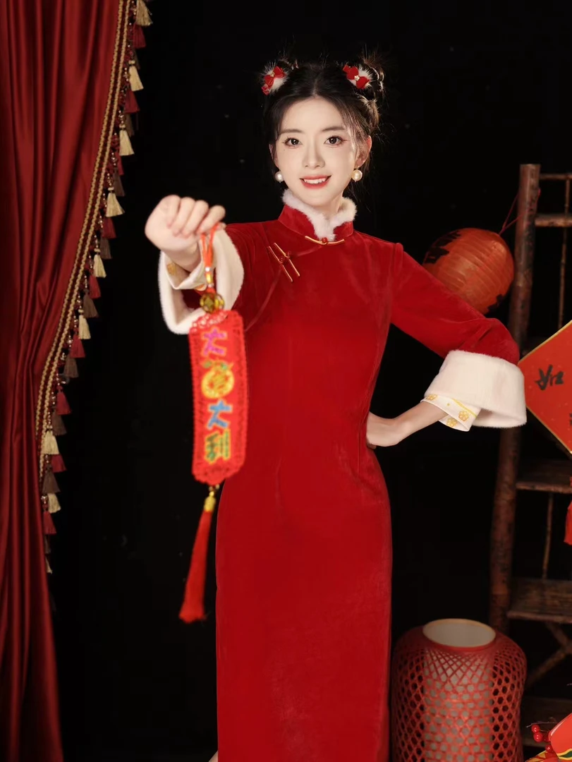 〖红红火火JQZ〗倩年轻款冬季长袖加厚新中式日常中国风苏州旗袍