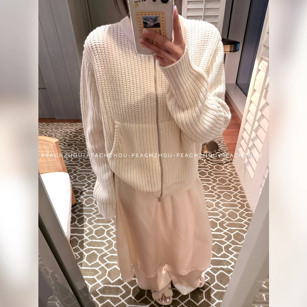 『PEACHZHOU』粗针羊毛双开拉链宽松立领拉链毛衣休闲百搭毛织外套