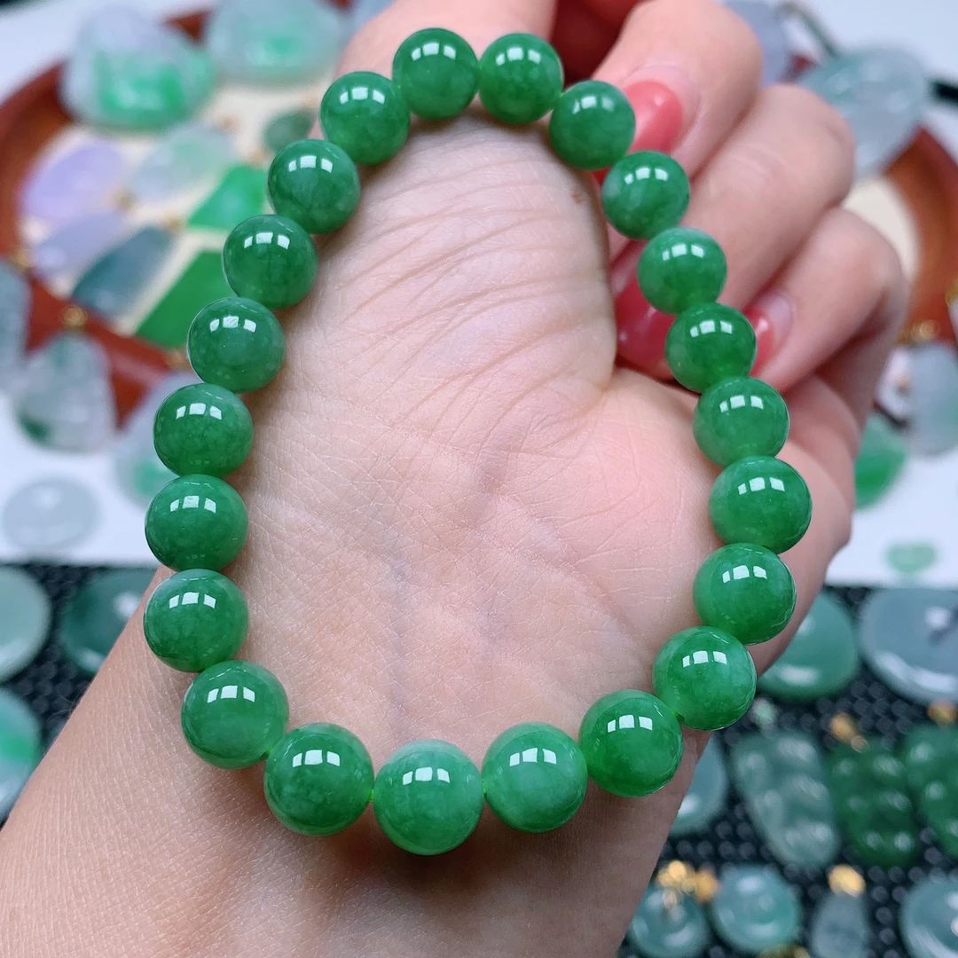 缅甸天然A货翡翠，冰润飘绿手串 编号338/117尺寸 8.4mm