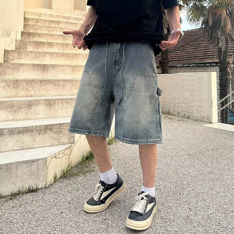 2025夏季新款男士工装牛仔短裤水洗磨砂复古潮流日系直筒裤裤子