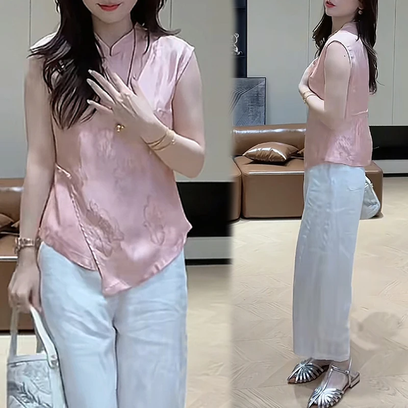 新中式衬衣阔腿裤两件套女士2025年夏季新款财阀千金女装国风套装