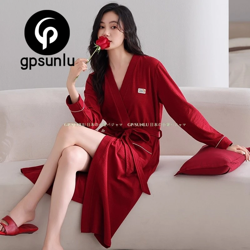 GPSUNLU春秋季女士纯棉睡衣大红色睡袍高级感轻奢女款晨袍浴袍