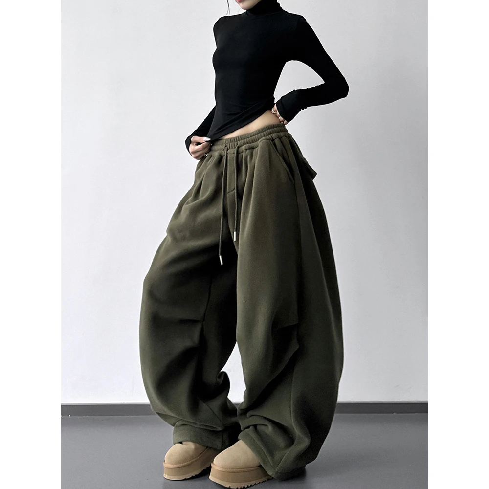 爆款女装军绿色工装裤女2025冬季新款宽松百搭系带高个子休闲裤