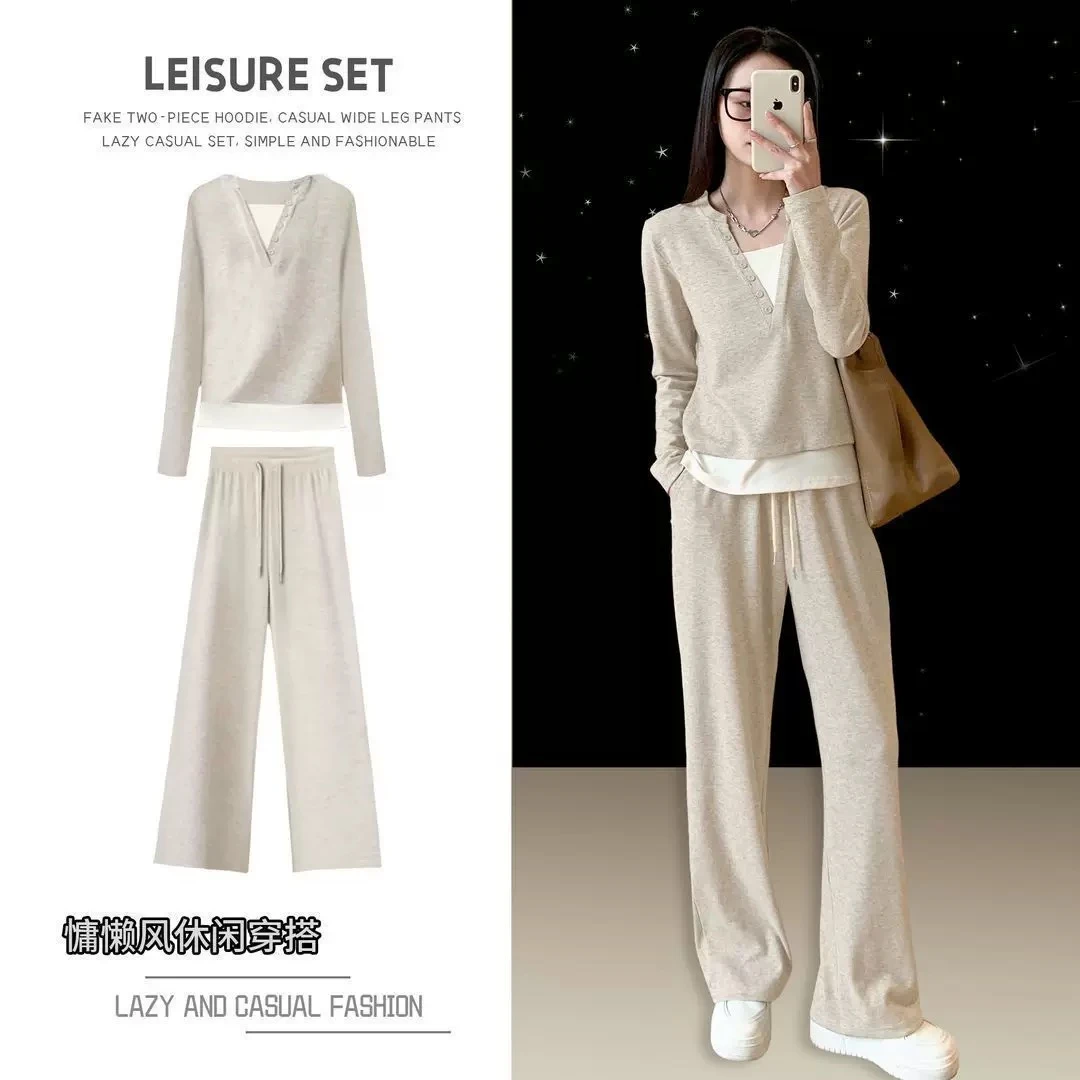 6213直筒裤透气开衫女阔腿减龄运动套装宽松休闲格子卫衣