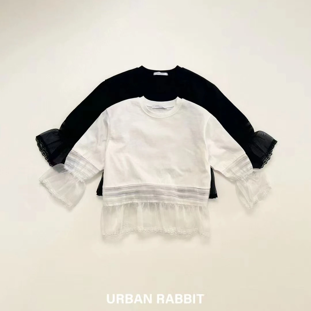 韩国星宝家2025春款中大童女童欧根纱拼接T恤长袖