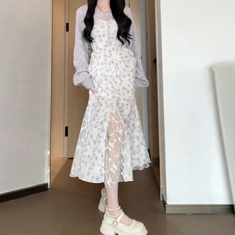 0083流行漂亮早秋搭配一整套装裙2024新款碎花吊带连衣裙子女秋季