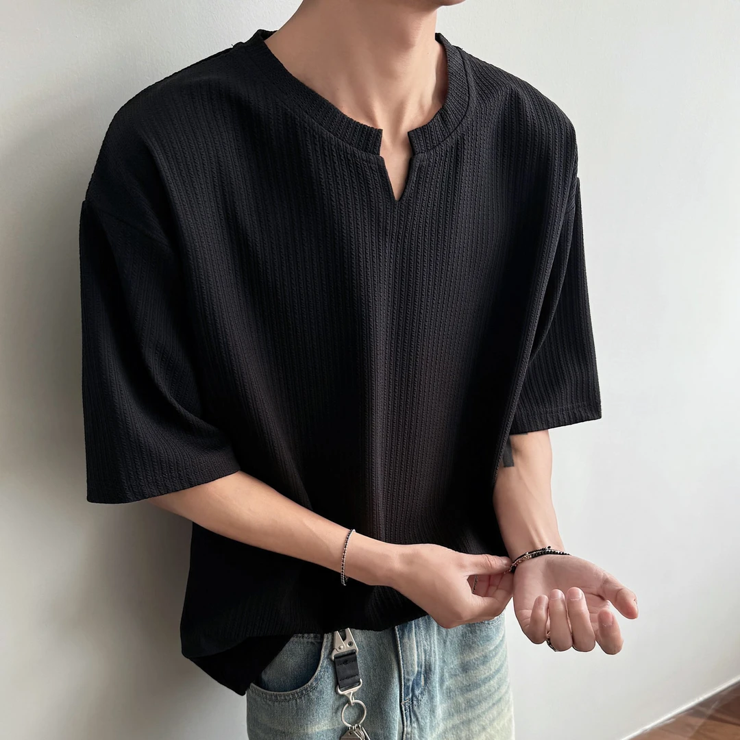 美式V领落肩袖纯色褶皱短袖T恤男半袖五分袖宽松垂感坑条肌理感