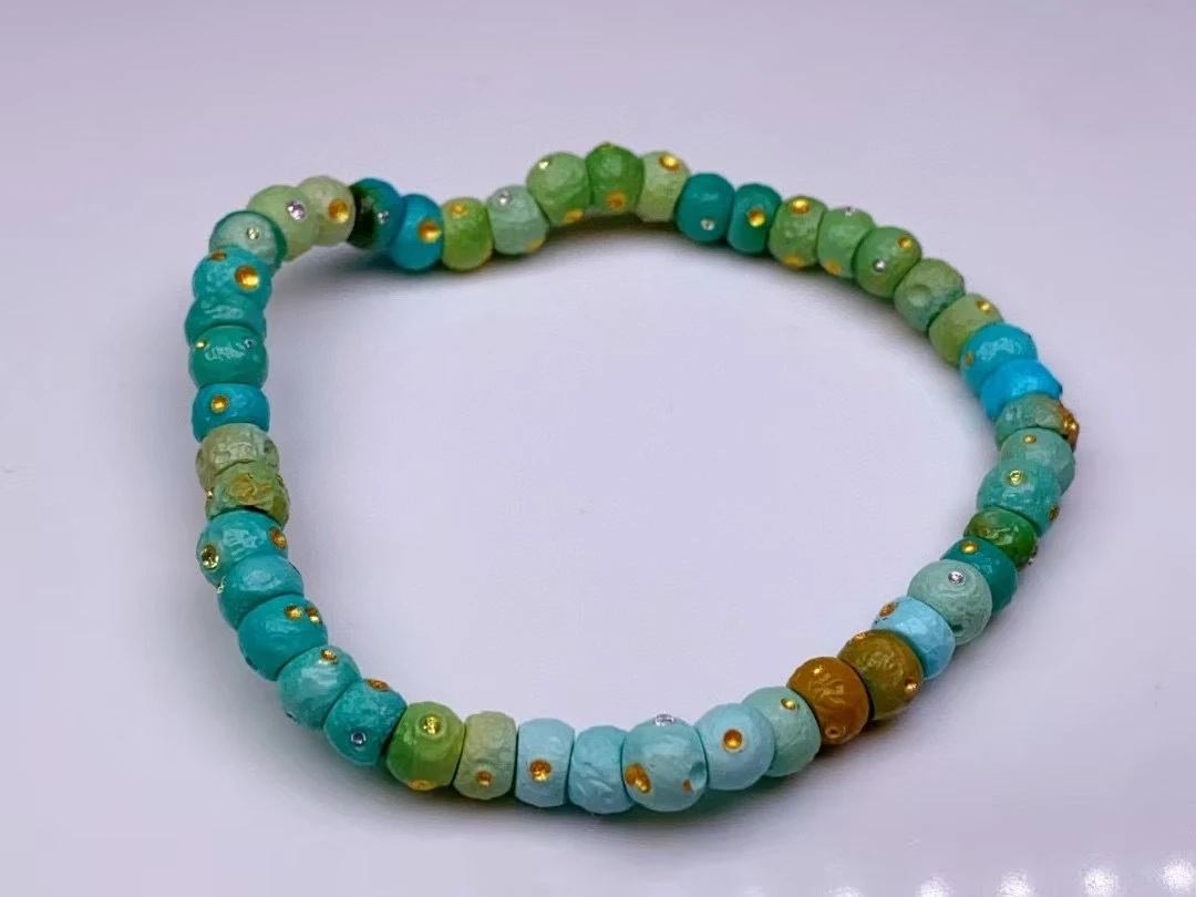 原矿高瓷绿松石特色炫彩绿松石搓金大肠珠手链，搓金工艺，直径6+