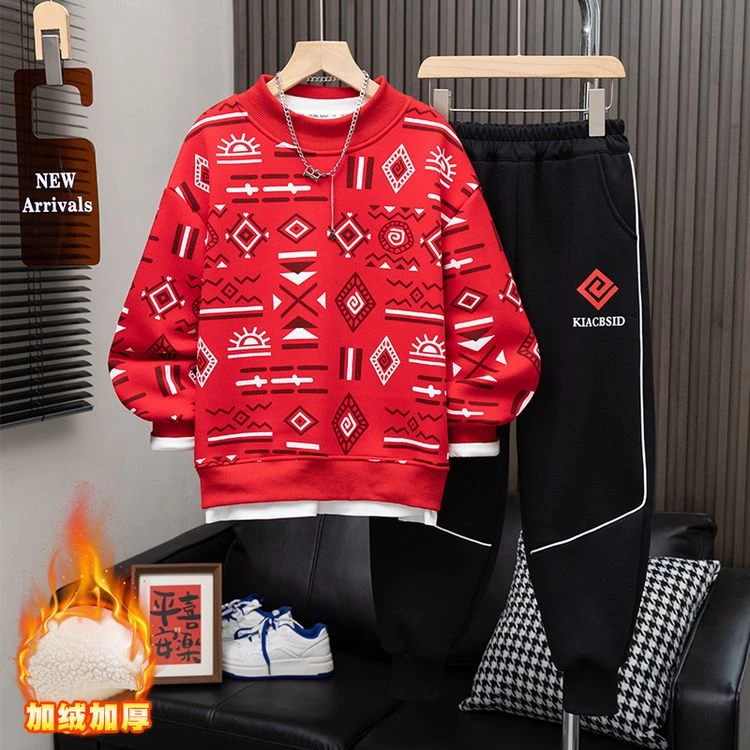男童红色年服套装加绒卫衣两件套2024新款中大童冬季儿童运动潮款