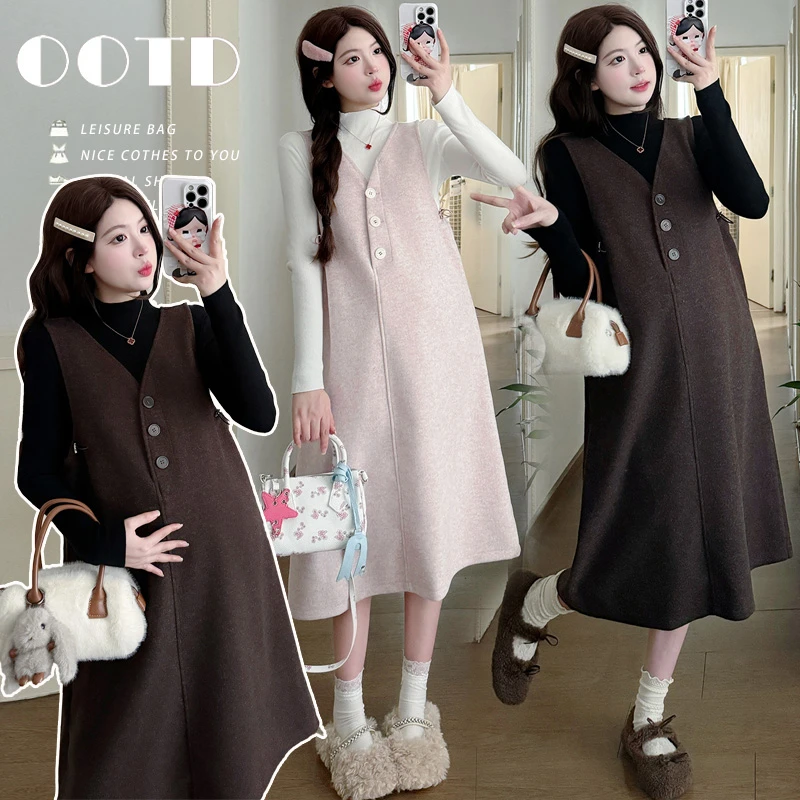 xixi·2025秋冬款洋气孕妇装套装打底衫呢子背心连衣裙两件套装