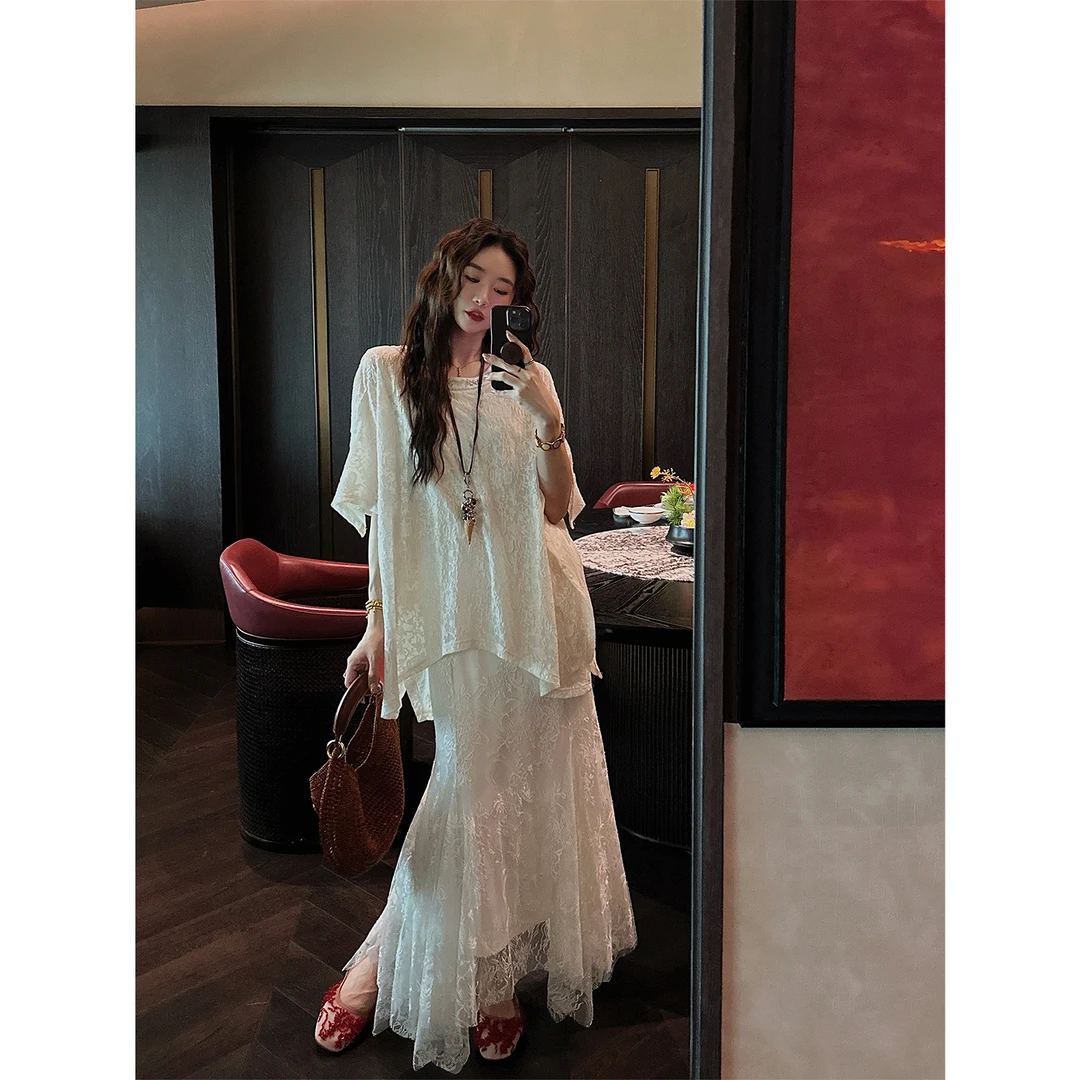 三吉黑花【步步生莲】国风刺绣薄纱假两件连衣裙2025新款长裙子潮