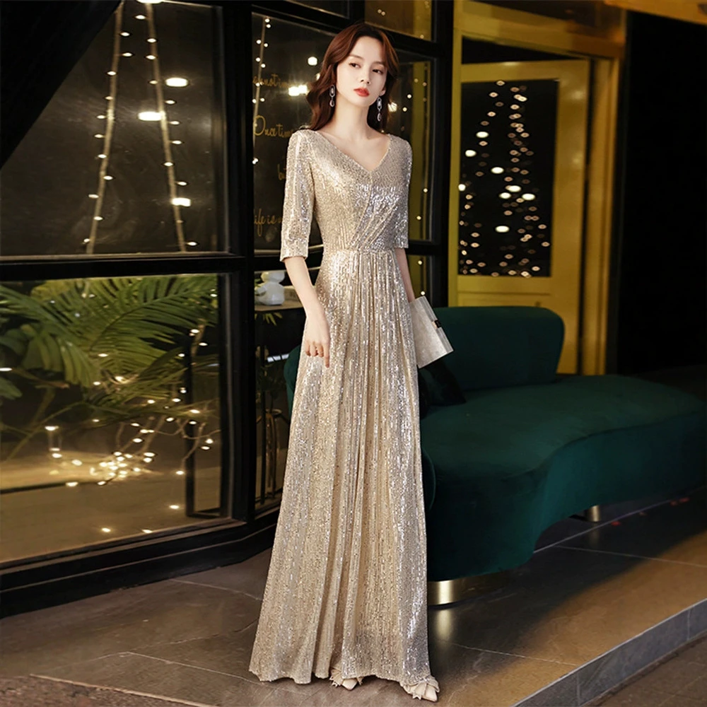 晚礼服裙女2025新款宴会气质轻奢小众主持金色法式高级感礼服闪亮