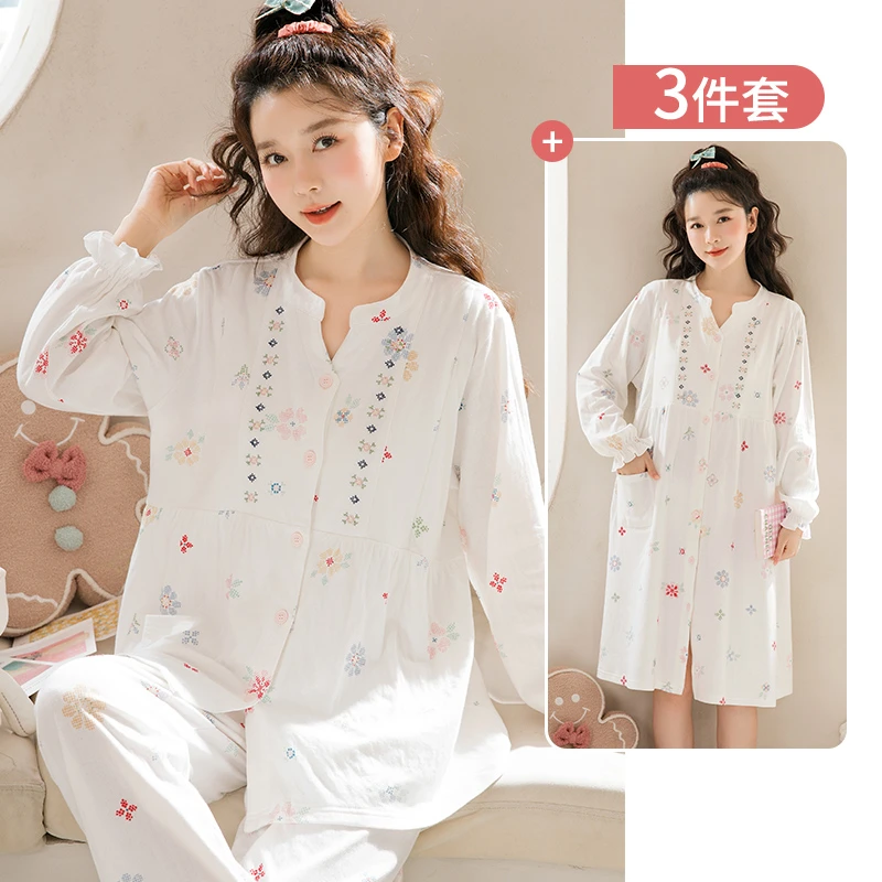 家时光月子服秋冬纯棉100%全棉孕妇睡衣11-12月产妇哺乳待产裙552