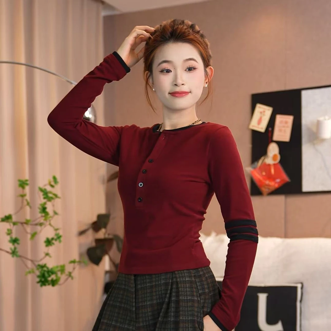 玉姐-2025秋冬撞色独特别致内搭打底衫女双面绒保暖长袖上衣