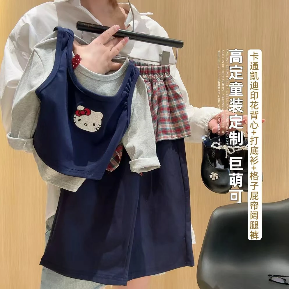 女童秋季新款时尚百搭休闲韩版时髦吊带打底长袖真两件阔腿裤套装