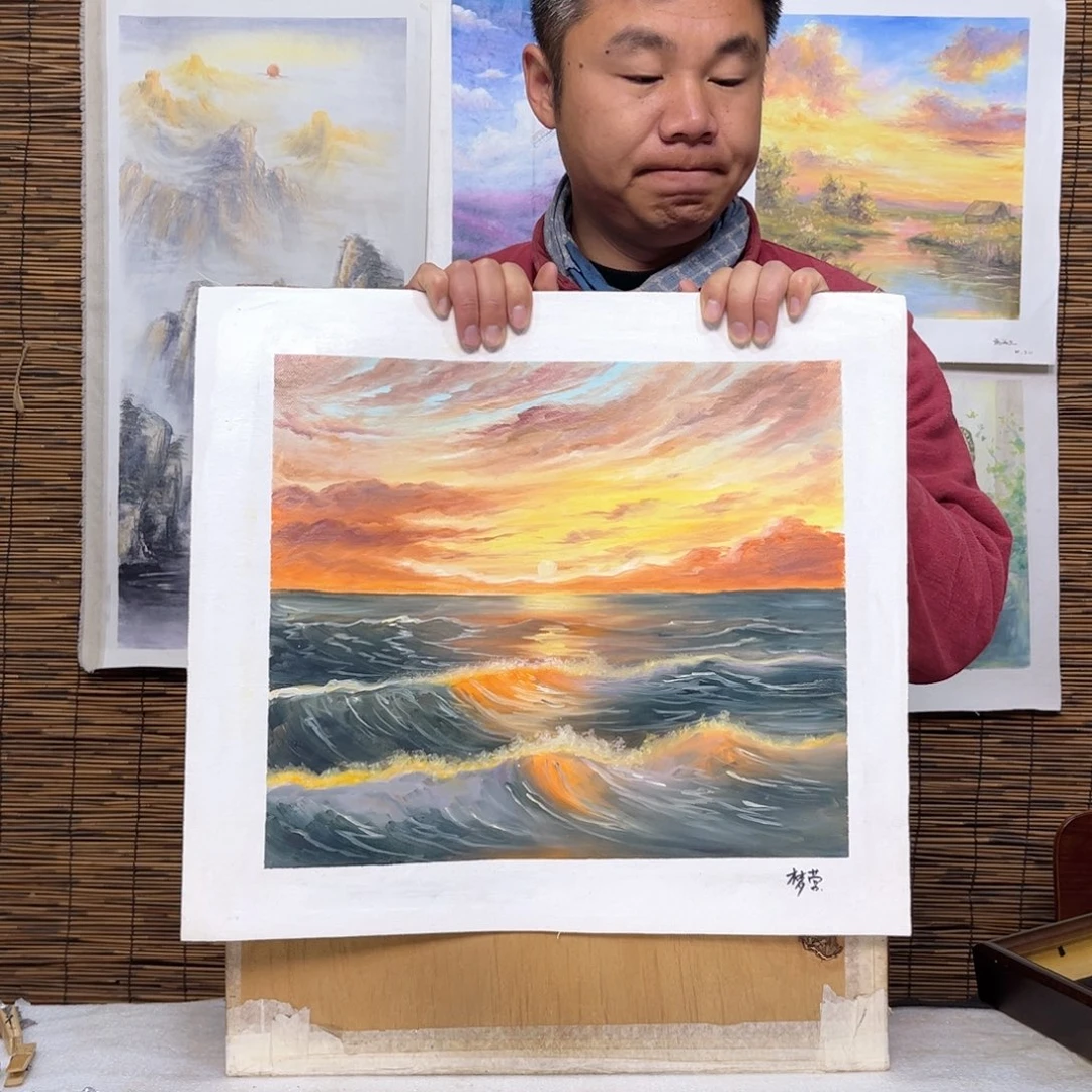 油画行路人小院绘画作品