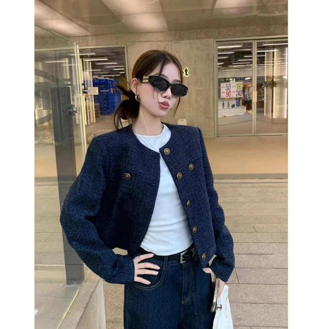 早春藏蓝色新款休闲短款薄外套长袖上衣气质粗花呢小香风外套上衣