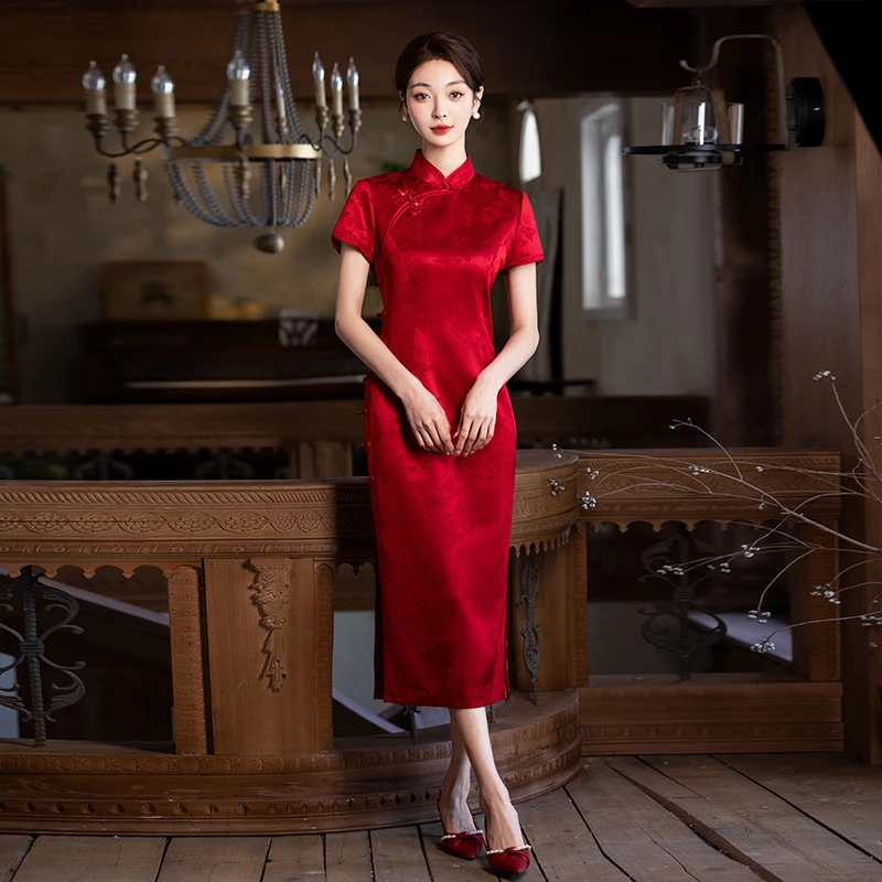 醋酸红色长款女旗袍2025春夏新款改良气质修身敬酒服新娘订婚礼服