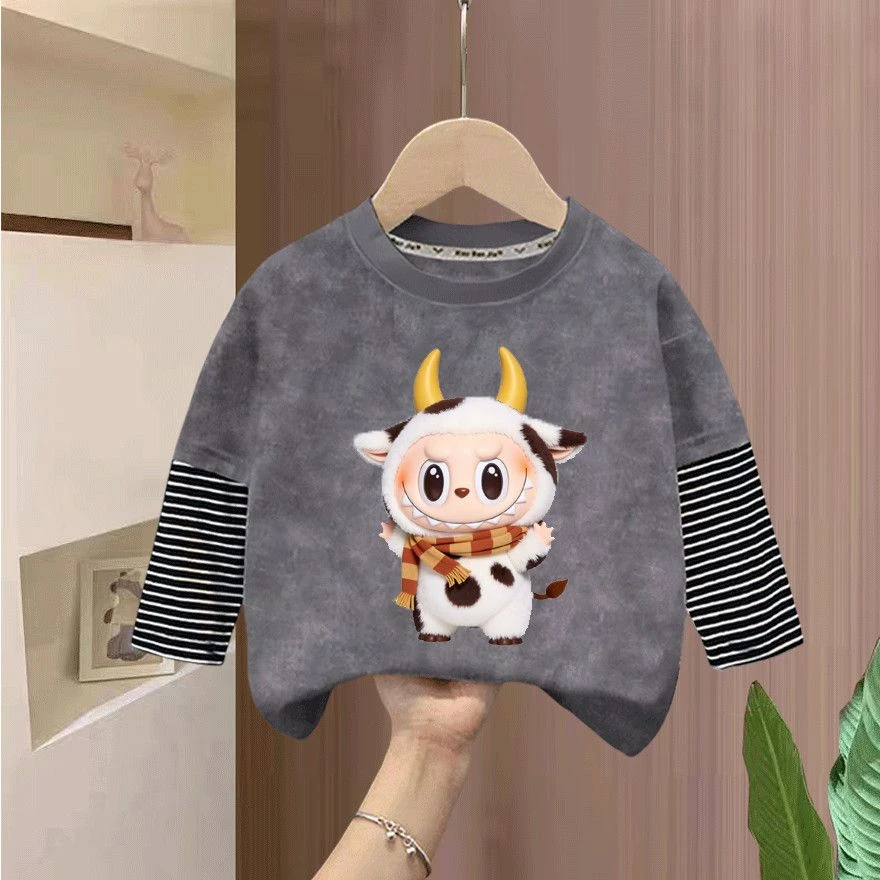 拉布布系列春秋2025爆款纯棉t恤长袖圆领卡通男童女童卡通假两件t