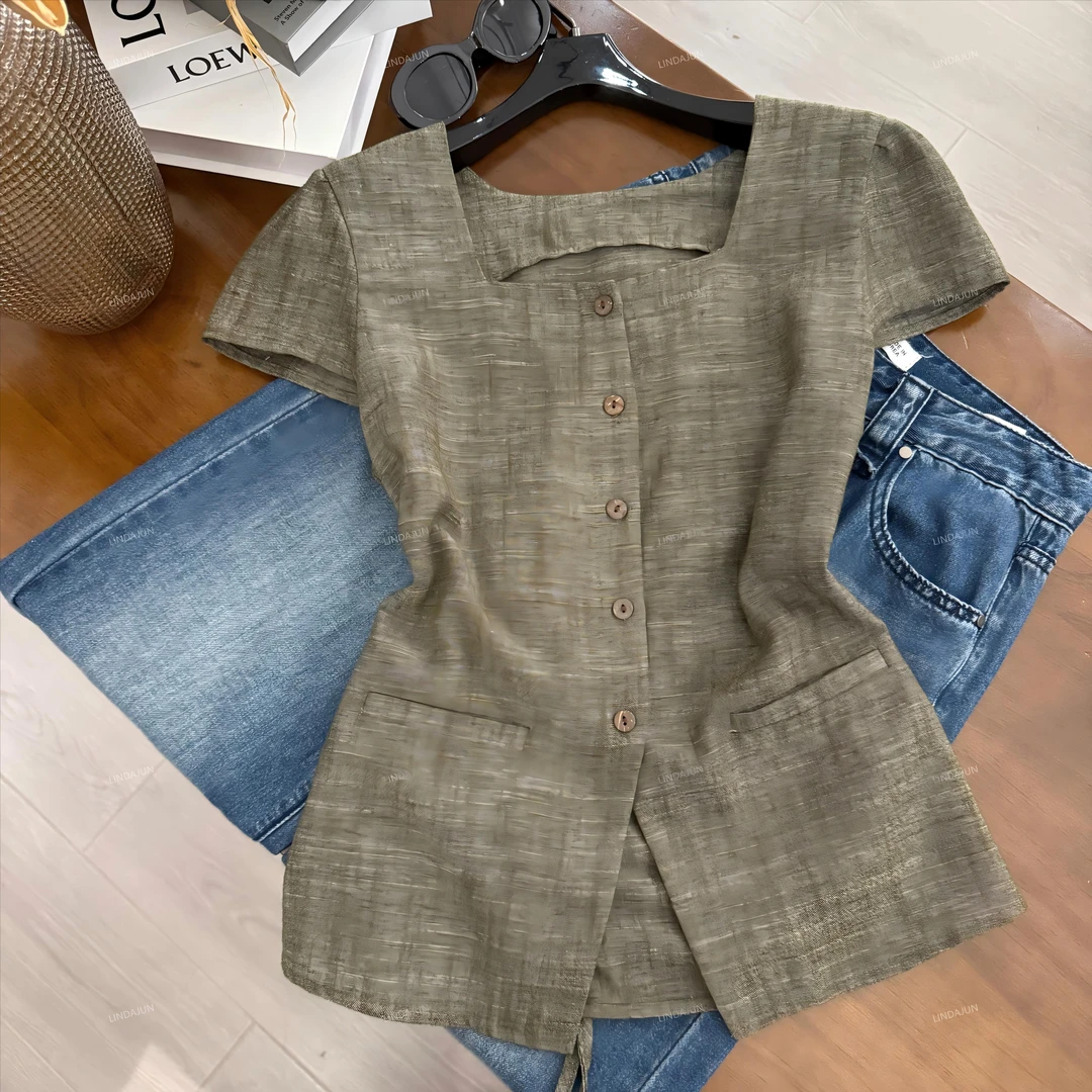 大君君 新款夏季复古方领收腰显瘦绑带气质休闲泡泡袖衬衫 SY091