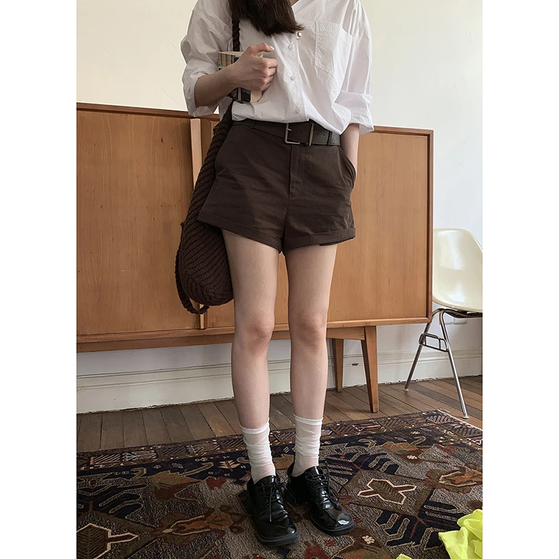 美式复古显瘦牛仔短裤女2025夏季新款小个子通勤百搭棕色直筒裤子