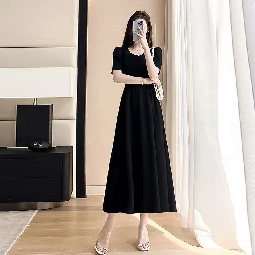 法式赫本风高级感黑色雪纺连衣裙女夏季2025新款显瘦气质a字裙子