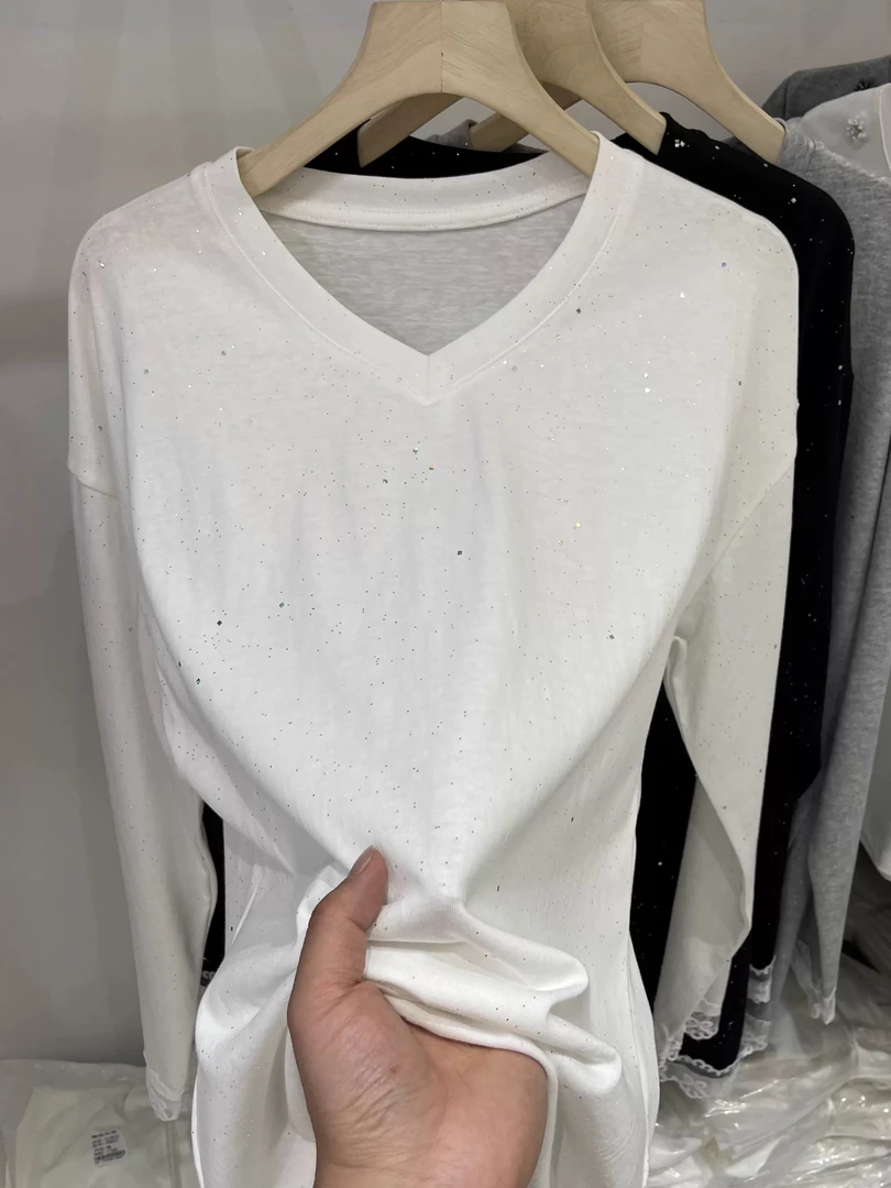 （塔苏）新款打底衫亮晶晶V长袖