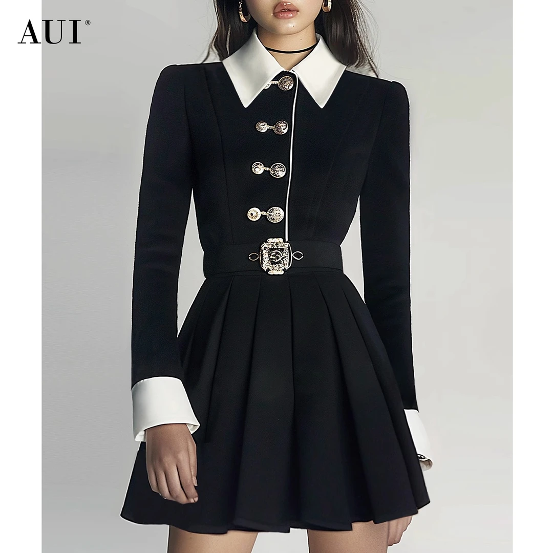 【媛媛女王专享】AUI黑色御姐职业衬衫连衣裙气质百褶裙24W014736