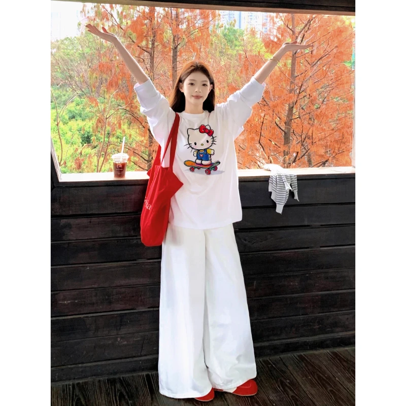 100%纯棉长袖t恤女新款甜美卡通网红同款春秋宽松休闲百搭上衣潮