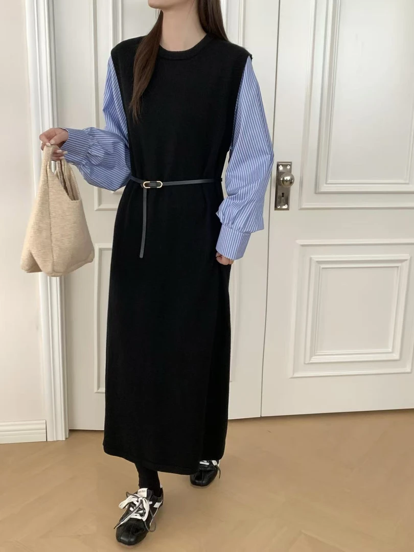 秋冬新款宽松显瘦拼接条纹袖子圆领长裙 百搭休闲毛衣裙女