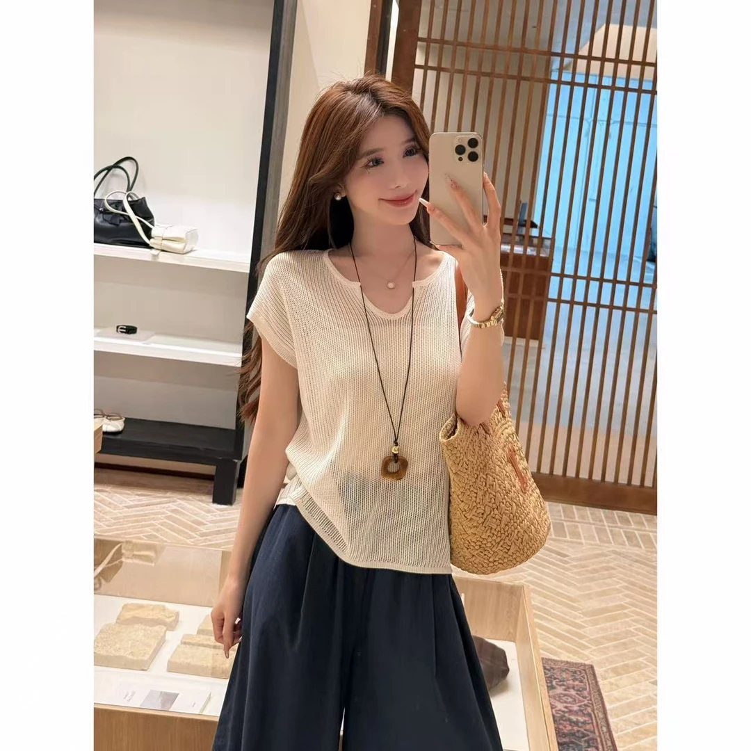 【饼干私服】剪刀领镂空背心慵懒风简约针织衫背心XH0227