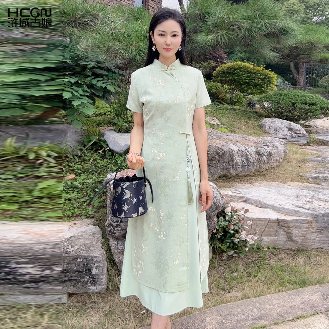 浒城古娘中式国风连衣裙女夏气质立领修身大气长裙WH0500528