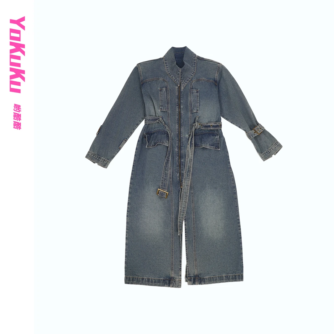 哟酷酷（时尚精肯豆）复古怀旧酵炒高街拉链阔版牛仔长款风衣外套