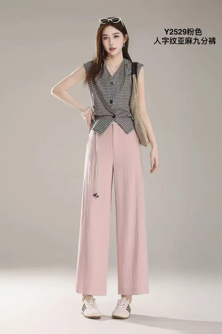 《霞姐服饰》夏季新款粉色九分亚麻裤女百搭时尚潮流休闲货号：2529