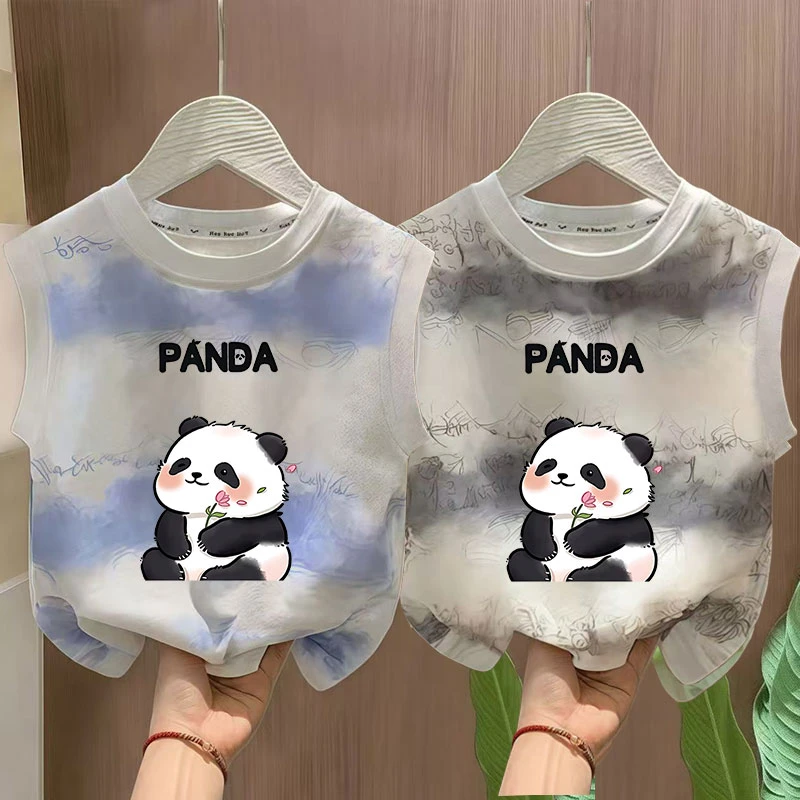国潮背心上衣背心夏季卡通动漫小熊猫扎染宝宝无袖打底男童印花