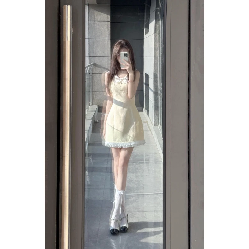 miu系千金风黄色小香风连衣裙女夏季温柔气质名媛收腰修身a字短裙